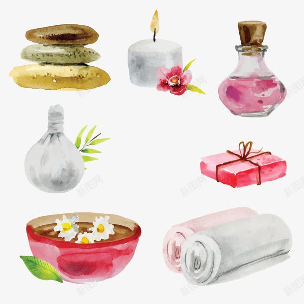 水彩绘spa元素png免抠素材_88icon https://88icon.com SPA 养生 毛巾 水彩绘 石头 蜡烛 身体理疗