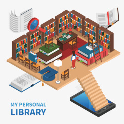 整理书籍可爱的图书馆立体卡通高清图片