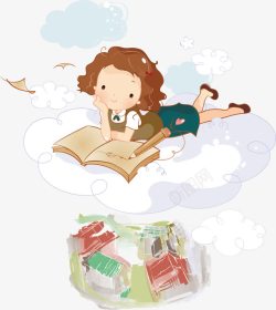 在云端上看书的小女孩矢量图素材