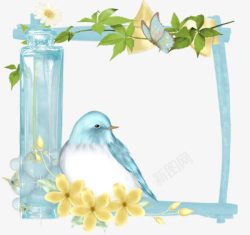 蓝色小鸟花朵边框素材