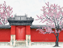 中国风房屋和桃花树素材