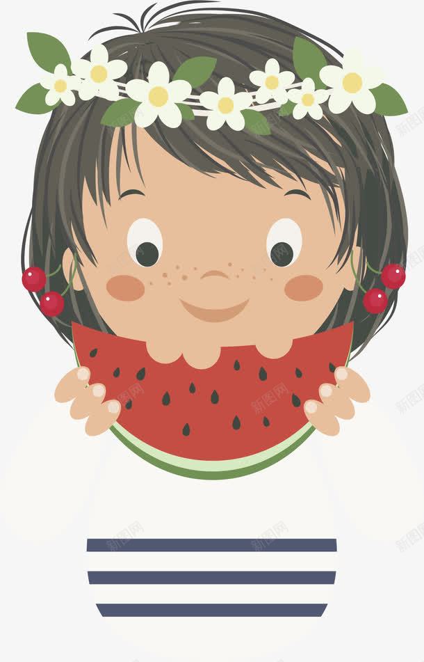戴花环可爱卡通人物吃西瓜矢量图ai免抠素材_88icon https://88icon.com 卡通人头像 吃东西的人 吃西瓜 头像 女孩 西瓜 矢量图