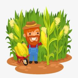 农民推车在玉米田里收玉米的农民卡通形象高清图片