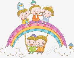 荡秋千的小孩手绘彩虹上的孩子图高清图片