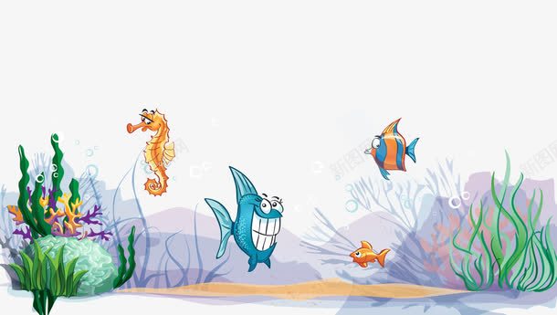 彩色卡通海底海马金鱼海藻矢量图ai免抠素材_88icon https://88icon.com 卡通的海马 卡通的金鱼 彩色的海洋生物 矢量图 矢量的海底 美丽的海藻 藻类卡通