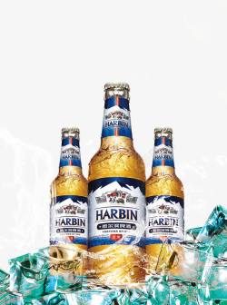 海水中的冰块冰块中的哈尔滨啤酒高清图片
