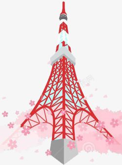 红色铁塔红色东京铁塔樱花扁平高清图片