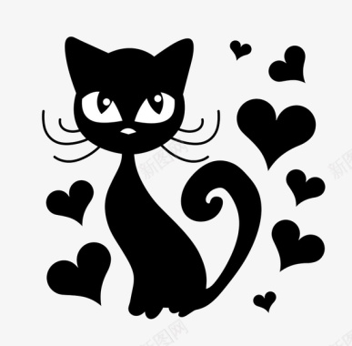爱心树黑色剪纸猫咪爱心点缀图标图标