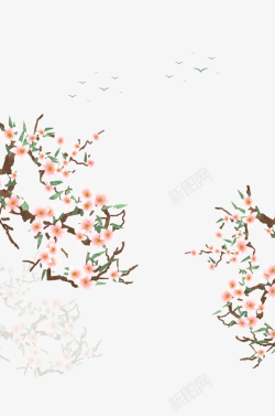 绿粉色桃花池塘远山插画背景高清图片