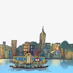 卡通插画彩绘老香港建筑群素材