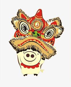 卡通中国风小猪带舞狮狮头素材