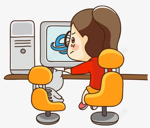 h5玩电脑png免抠素材_88icon https://88icon.com 人物 卡通 坐在电脑前 女人 女人电脑 机箱 猫咪 玩电脑坐姿 电脑