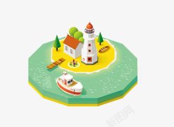灯塔小岛卡通3D度假小岛俯视图高清图片