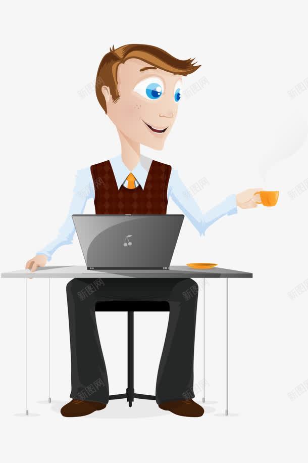 卡通手绘工作喝茶笔记本电脑男人png免抠素材_88icon https://88icon.com 卡通的人物 工作喝茶的男人 手绘的男人 笔记本电脑的男人