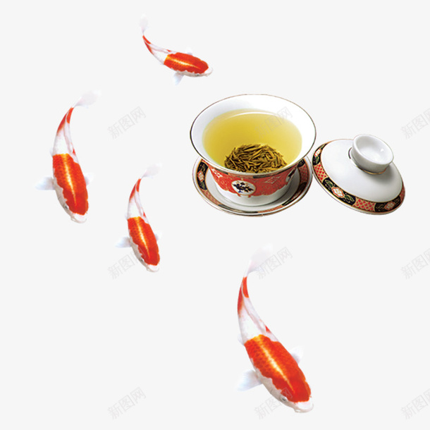 一杯茶和身边的小鱼儿png免抠素材_88icon https://88icon.com 喝茶赏鱼 掀开的茶盖 茶杯和茶盖 黄色的茶水 黄色的鱼