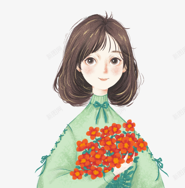 手绘人物三八节人物装饰插画png免抠素材_88icon https://88icon.com 三八节 人物 人物装饰 女孩 手捧花 手绘 插画