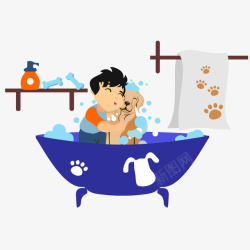 趴在浴缸边手绘帮狗狗洗澡的小男孩矢量图高清图片