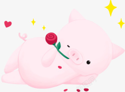手拿玫瑰2019新年躺着手拿玫瑰花的猪装饰高清图片