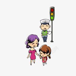 牵女儿的手卡通过马路红灯停绿灯行交通知识高清图片