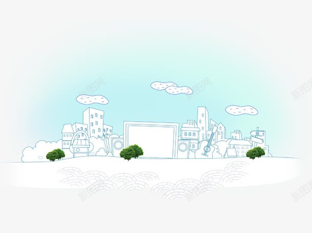 手绘白云下的城市png免抠素材_88icon https://88icon.com 创意 卡通 卡通建筑 学校 幼儿园 房子 手绘 树 白云 线描 背景图案