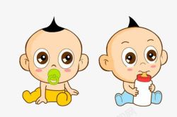 跪着喝奶的小孩子卡通插画两小婴儿在喝奶高清图片
