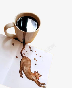 猫屎咖啡流出在纸上形成猫咪图案高清图片