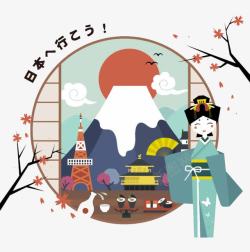 卡通日本传统女性建筑景点素材