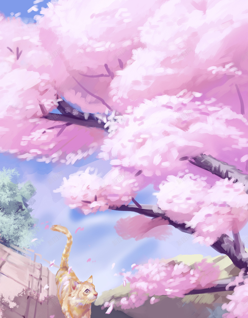 唯美浪漫粉色春季樱花节海报jpg设计背景_88icon https://88icon.com 小清新 手绘 春季旅游 春暖花开 樱花 樱花树 水彩 猫 粉色 踏青去 郊游