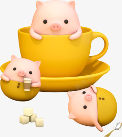 c4d卡通坐在茶杯的猪猪装饰素材