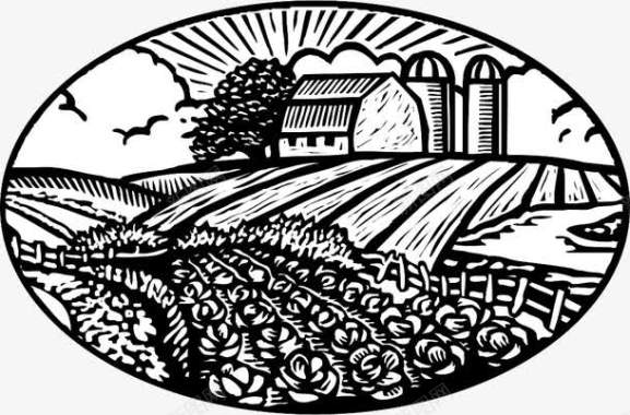 乡村黑白钢笔插图版画农田图标图标