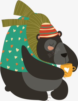 日韩插画狗熊喝水森林动物卡通插画高清图片