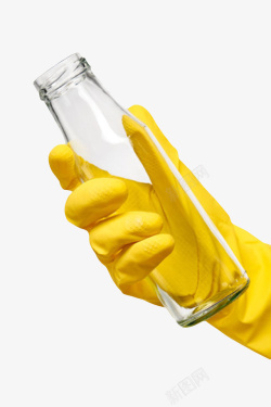 橡胶材质戴着黄色塑胶手套拿着透明玻璃瓶高清图片