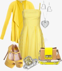 嫩黄色嫩黄色条纹吊带连衣裙高清图片