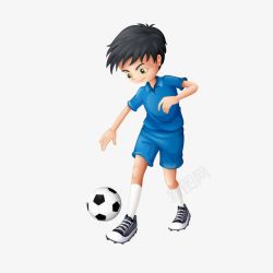 低着头蓝色卡通风格踢足球的小男孩高清图片