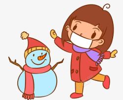 戴口罩的小女孩和雪人素材