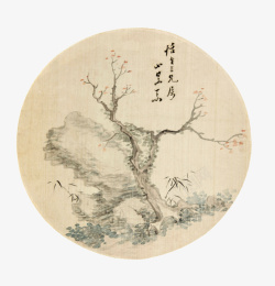 古代扇子手绘扇面石头树高清图片