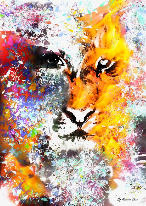 彩绘狮子图案碎片效果png免抠素材_88icon https://88icon.com 创意动物彩绘 彩绘狮子图案 碎片效果