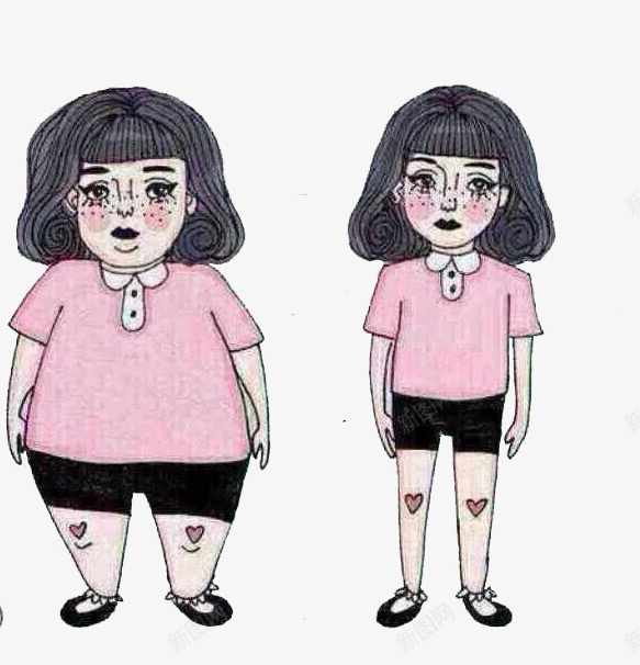 肥胖对比的女孩png免抠素材_88icon https://88icon.com 卡通 可爱 女孩 对比 手绘 瘦子 站着 粉色 肥胖对比 胖子