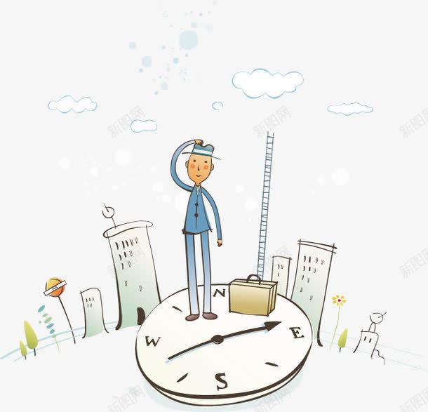 卡通png免抠素材_88icon https://88icon.com 候车 卡通 彩色 房屋 手绘 插图插画 时钟 等人 等待 行李