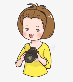 相机手绘图拿着相机拍照的女孩卡通图高清图片