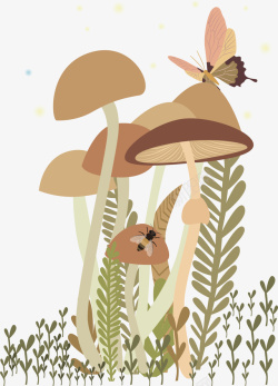 梦幻蘑菇背景图片手绘蘑菇蝴蝶蜜蜂插画高清图片