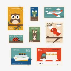 8款旅行与动物邮票矢量图素材