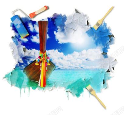油漆刷与木船风景背景