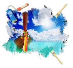 游船风景画图片油漆刷与木船风景高清图片