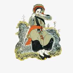 中国风彝族美女阿诗玛坐在石头上素材