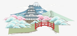 水墨小桥手绘彩色水墨富士山楼阁古桥高清图片