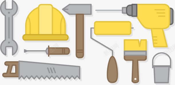 建筑装潢五金工具png免抠素材_88icon https://88icon.com 五金工具 五金工具类 冲击钻 安全帽 建筑装潢 扳手 榔头 榔头锤子 油漆桶 电钻 电锤 螺丝刀 装潢装修工具 钳子 锯子