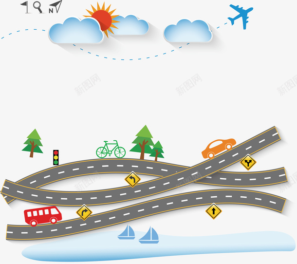 交叉公路创意公路插画素png免抠素材_88icon https://88icon.com 交叉公路设计 交叉公路设计创意公路插画矢量素材免费下载 公路 圆形 彩色 心形 树木 楼房 汽车 白云 立体 飞机 马路
