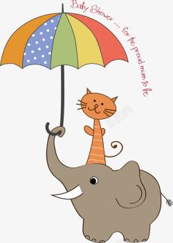 彩虹伞卡通大象头上的猫咪高清图片