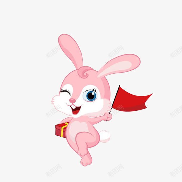 卡通拿着礼物举着旗子的小兔子素png免抠素材_88icon https://88icon.com 举旗子 卡通拿着礼物举着旗子的小兔子素材免费下载 开心小兔子 礼物盒 粉色小兔 红色旗子